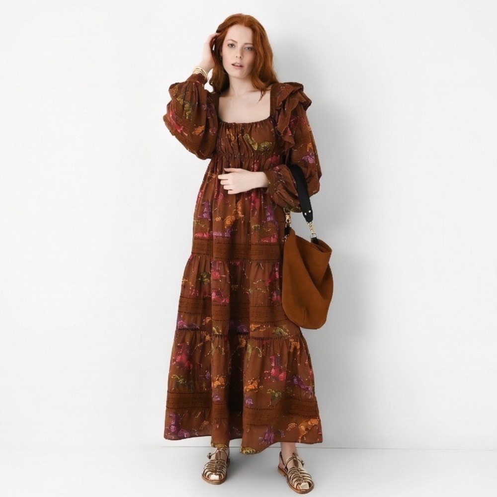 Farm Rio Dotted Horse Tiered Maxi Dress Small Ruffle Eyelet Coastal Boho Prairie - Picture 1 of 10